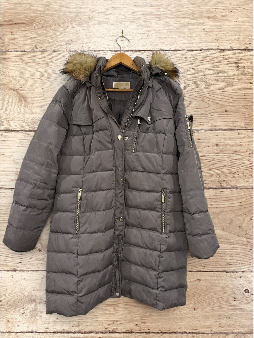 MICHAEL Michael Kors XL Gray Long Down Puffer Coat Faux Fur Hood Winter